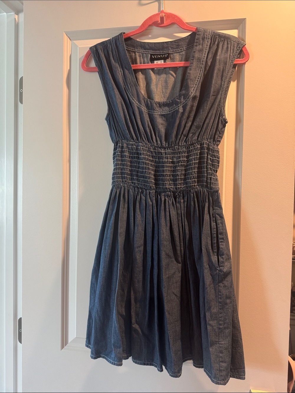 VENUS Dark Blue Sleeveless Denim Mini Dress with Smocked Waist, POCKETS TOO!